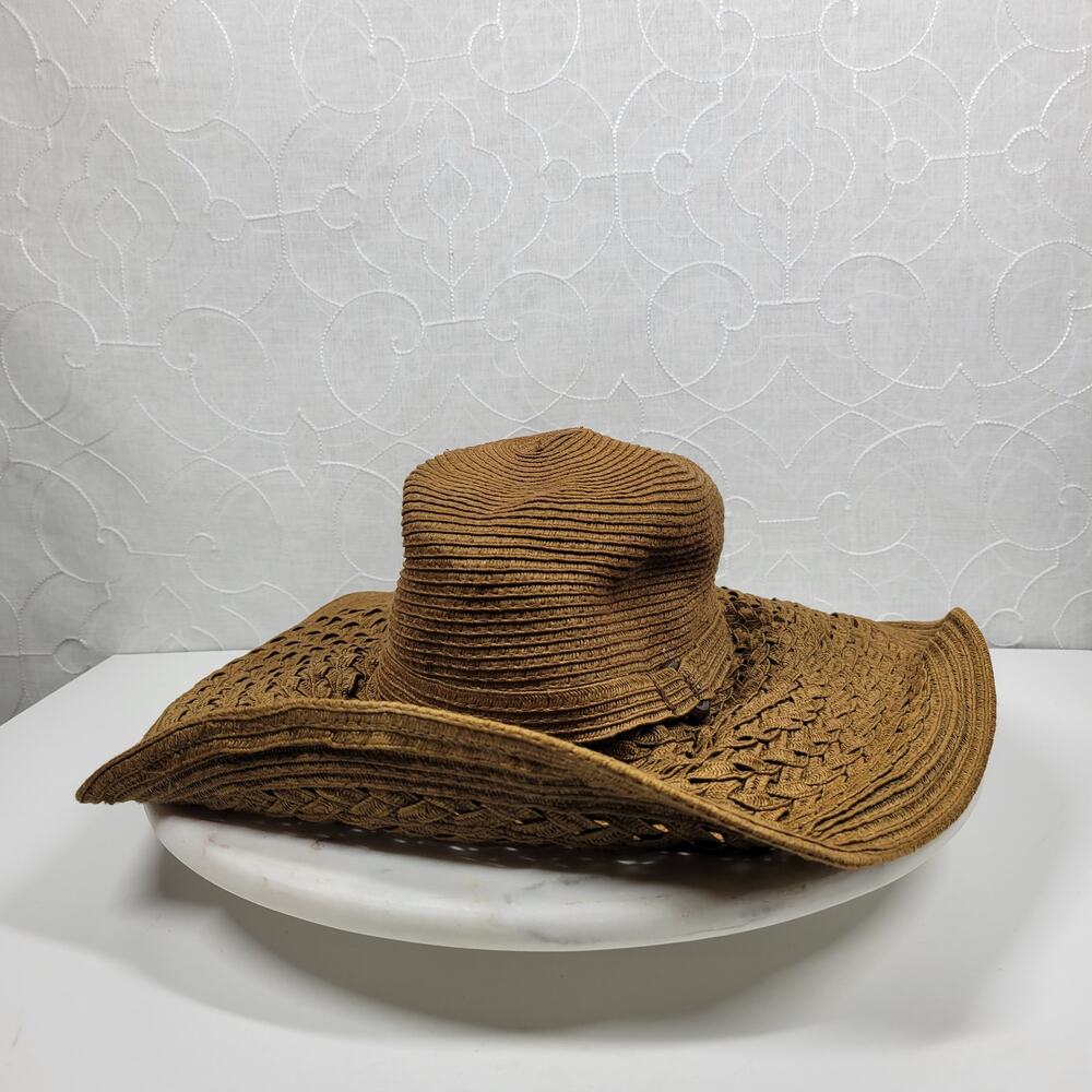 Royal Road Straw Beach Hat Brown One Size Wide Brim Braided Wrapped Pool Summer